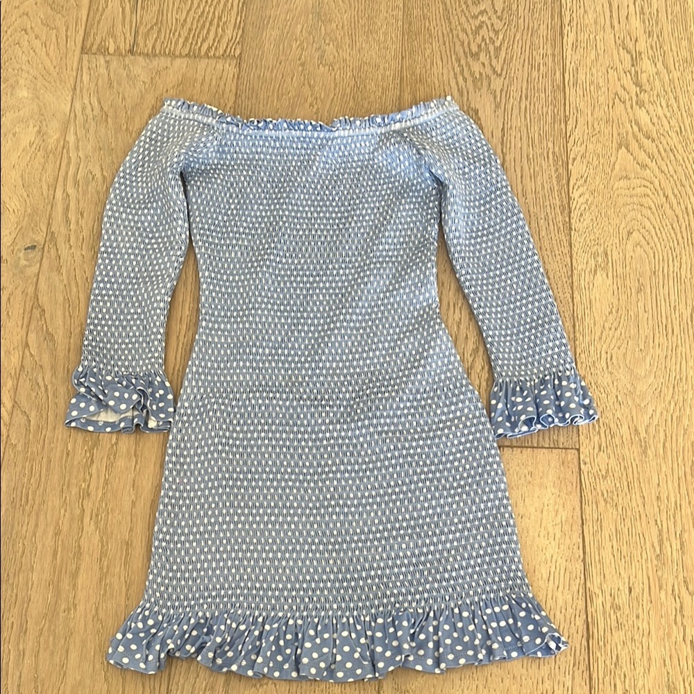 NEW Caroline Constas Blue Bodycon Mini Dress with Off-the-Shoulder Bell Sleeves